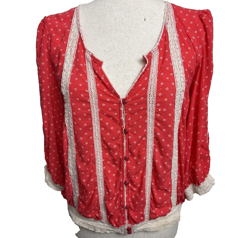 Free People Lace Trim Peasant Top Womens Medium Red Boho